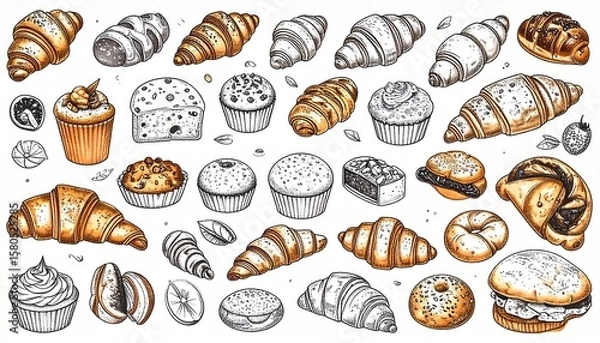 Fototapeta Line drawing of various bakery items like croissants, bread, and muffins arranged aesthetically on white background, black contour lines