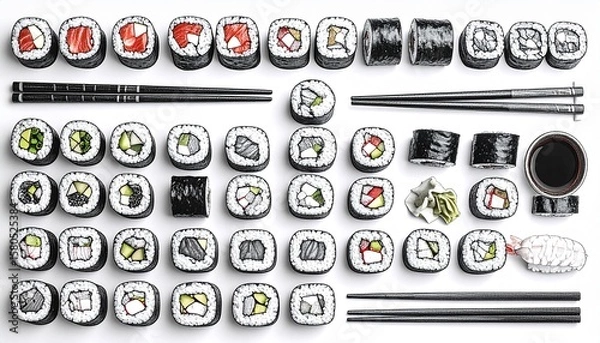 Fototapeta Hand-drawn black outline illustration of sushi rolls with wasabi and chopsticks, arranged in neat modern layout on white background, food graphic style