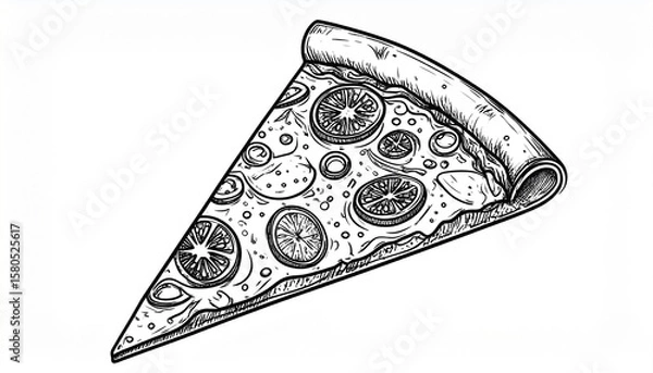 Fototapeta Stylized line art of a pizza slice with topping details, black outlines on white canvas, suitable for food packaging or digital design