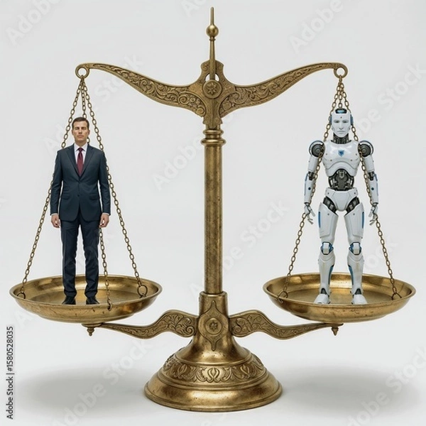 Fototapeta Conceptual balance scales showing Human versus  AI robot comparison