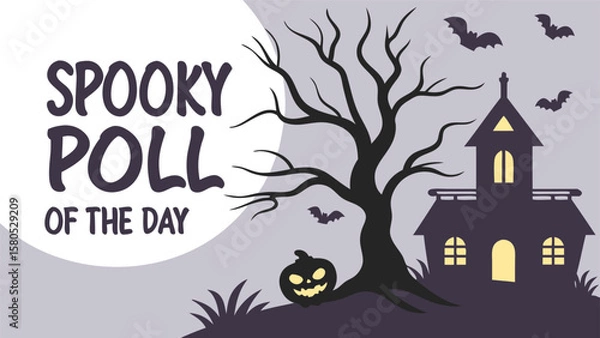 Obraz Spooky poll of the day halloween graphic featuring a haunted house a bare tree a jack o lantern and flying bats on a purple background