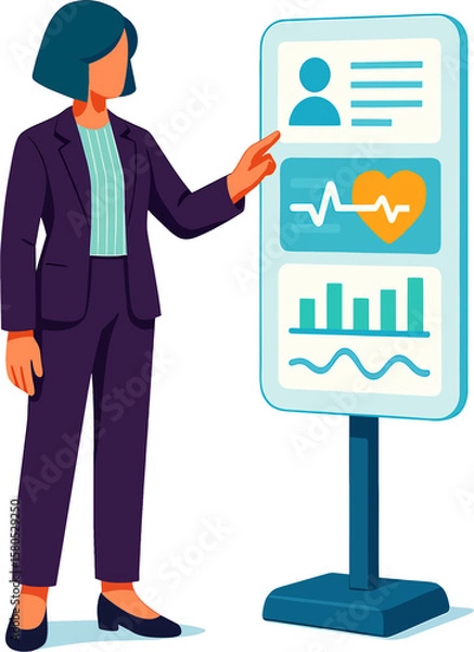Fototapeta Illustration of an executive viewing medical data and health charts on a digital screen. Woman Interacting with a Digital Health Dashboard.