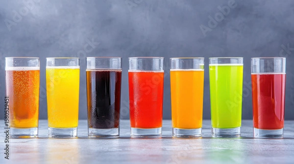 Fototapeta Refreshing sports drinks in various colors displayed in clear glasses, showcasing vibrant hues and enticing textures