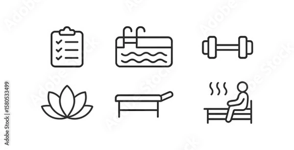 Fototapeta Wellness and fitness line icon set. health, exercise, spa icons in outline style