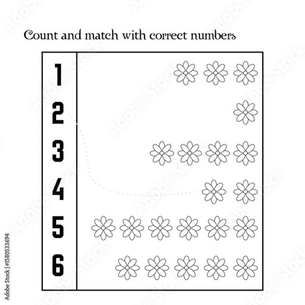 Fototapeta Black and white task for children. Flowers. Count and match with correct numbers. Puzzle template "How many?" in outline. Vector illustration. EPS 10