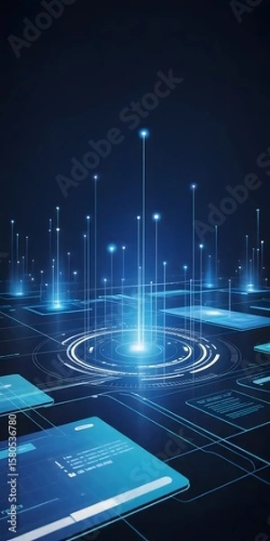 Obraz Blue Technology Backdrop with Floating Holographic Data Points, Interconnected Network Nodes, and Futuristic Digital User Interface Elements