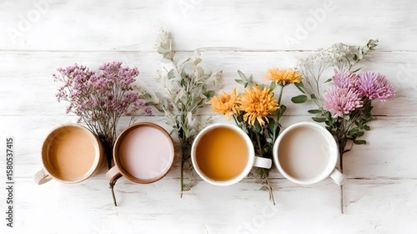 Fototapeta Floral Drink Quartet on White Table – Aesthetic Beverage Composition Reflecting Sensory Pairings, Botanical Calm, and Color Harmony