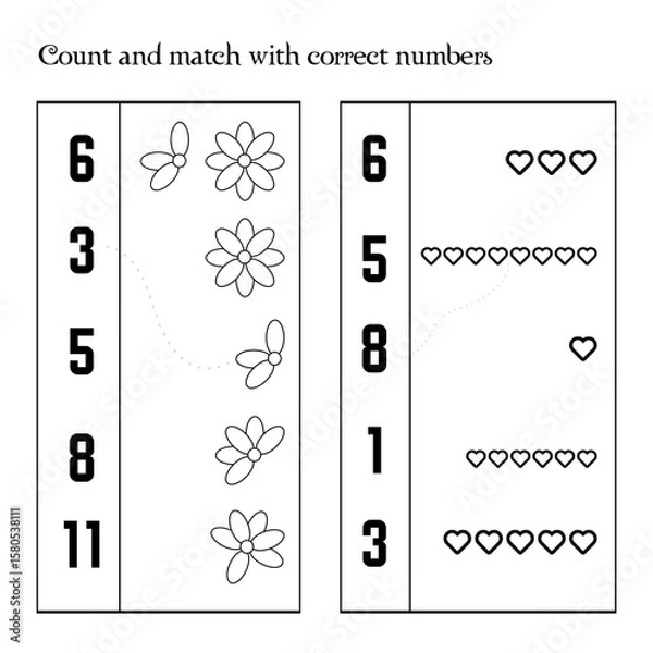 Fototapeta 2 black and white tasks for kids. Flowers and hearts. Count the petals of the flower and hearts and connect them with the correct number. Puzzle template "How many?" in outline. Vector illustration.