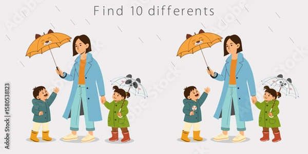 Fototapeta Colorful game for children: find 10 differences. Motherhood. Fun with children for attentiveness. Children's development. Vector illustration