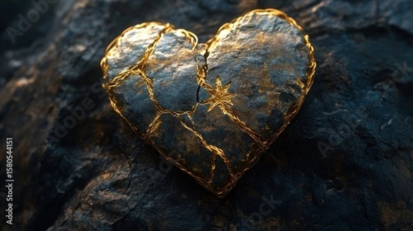 Fototapeta A metallic, cracked heart rests on dark rock.  Golden seams highlight the fracture