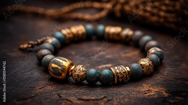 Fototapeta A close-up of an intricately designed bracelet featuring blue beads and gold accents, set against a dark, textured background, Ideal for use in jewelry catalogs, e-commerce sites, or fashion blogs,