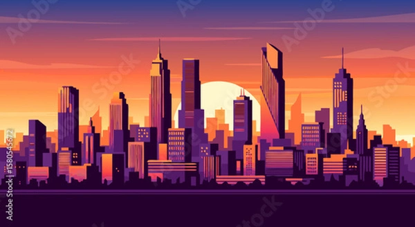 Fototapeta Vector SVG Illustration of City Skyline with Modern Skyscrapers in Flat Geometric Style with Warm Sunset Colors