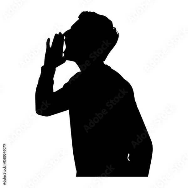 Fototapeta Vector art of silhouette of a man shouting with his hand cupped around his mouth, isolated on a transparent background