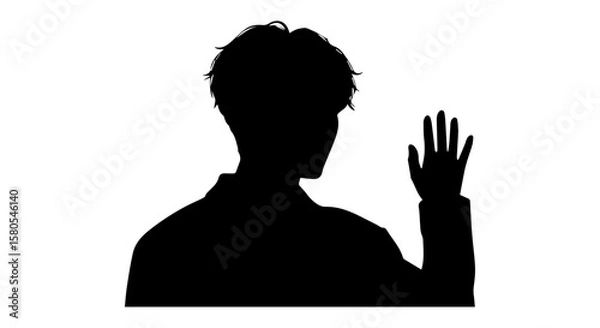 Fototapeta Vector art of a mans silhouette in profile, with his hand raised as if waving hello or goodbye isolated on transparent background