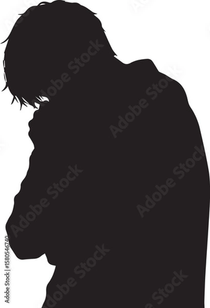 Fototapeta Vector art of a dark silhouette of a man with his head bowed in apparent sadness and despair, isolated on white isolated on transparent background