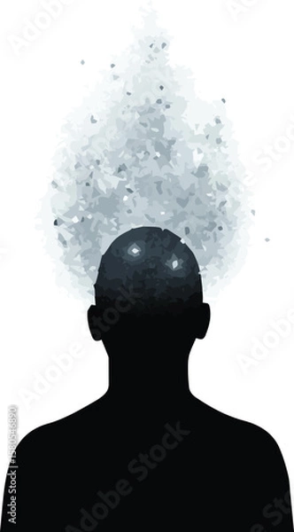 Fototapeta Vector art of a silhouette of a persons head with a fiery explosion of light and particles above, representing a powerful idea isolated on transparent background