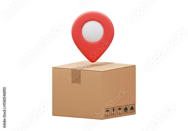 Obraz Isolated Shipping Box with Red Location Pin on Top