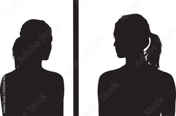 Fototapeta Vector art of two female silhouettes facing each other across a divider, symbolizing communication or separation isolated on transparent background