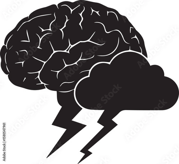Fototapeta Vector art of a stylized brain with a thunderstorm cloud and lightning bolts, representing a powerful idea or mental storm isolated on transparent background