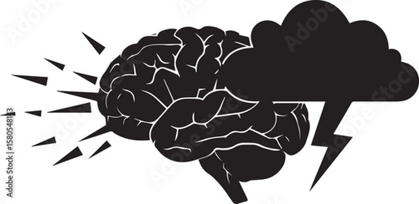 Fototapeta Vector art of a brain experiencing a mental storm with lightning and radiating energy, symbolizing intense thought or creativity isolated on transparent background