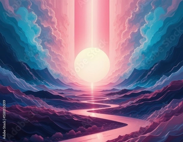 Fototapeta An abstract, colorful sky at sunset with vibrant rays of light reflecting on the ocean's horizon
