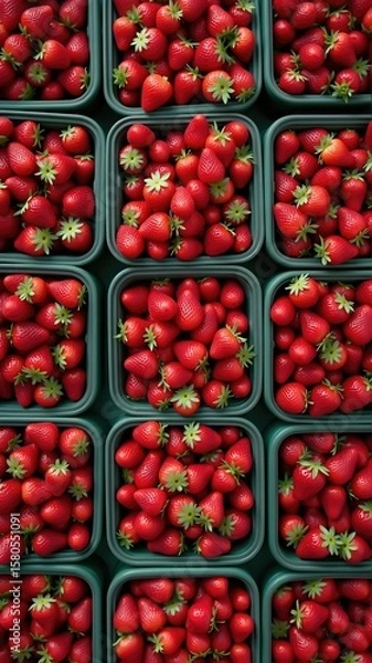 Fototapeta Fresh strawberries in green baskets displayed in vibrant market setting