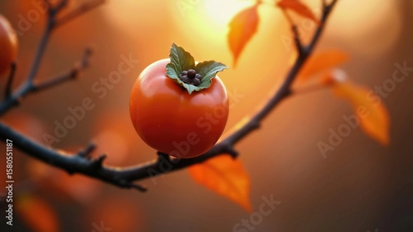 Fototapeta Persimmon on branch with warm autumn glow at sunset