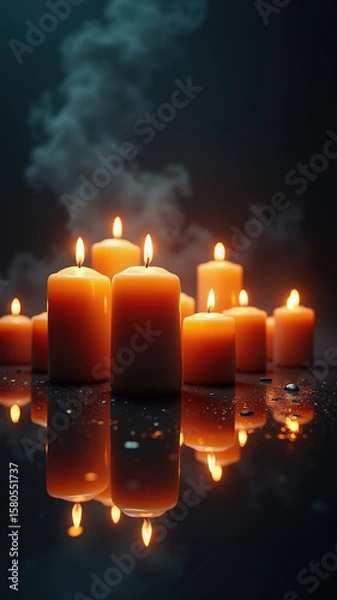 Fototapeta A group of candles are lit and arranged in a row. The candles are lit and the smoke from the candles is visible. Scene is warm and cozy