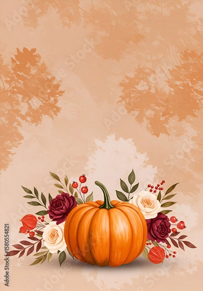 Fototapeta Autumnal pumpkin with floral arrangement in a muted palette. Still life of a single pumpkin surrounded by a bouquet of roses, berries, and leaves on a textured, light beige background.