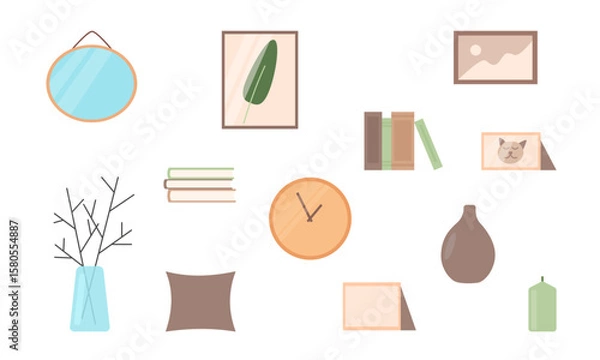 Fototapeta Home decoration collection including interior objects. Isolated flat elements for design such as mirror, clock and books.