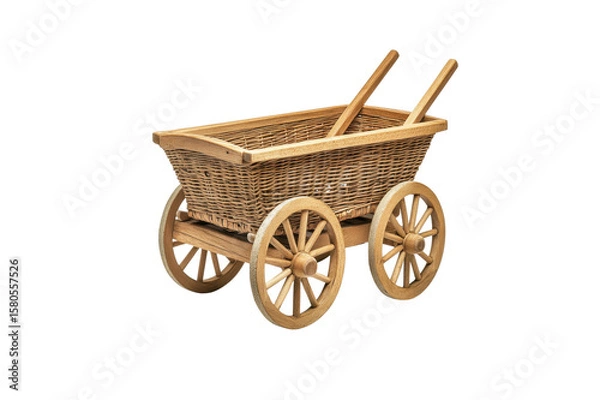 Fototapeta Wooden cart with wicker basket body and spoked wheels on a black backdrop featuring two wooden handle shafts isolate