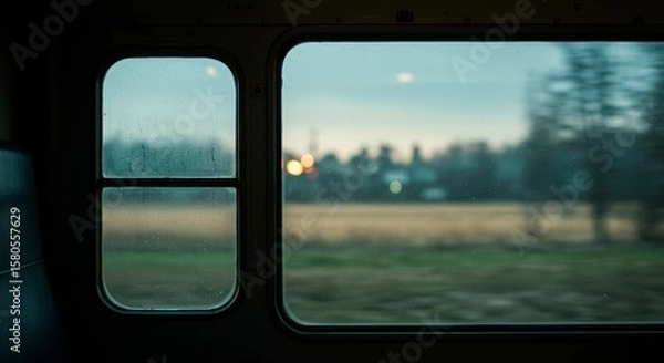 Fototapeta View from Inside a Moving Train with Blurred Rural Landscape at  Dusk