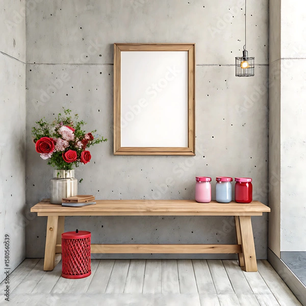 Fototapeta minimalist corner featuring a wooden bench , a blank frame on the concrete wall