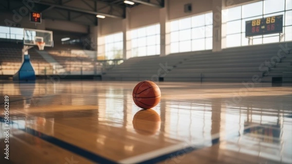 Fototapeta A solitary basketball rests on a polished court, illuminated by natural light streaming through large windows in an empty gymnasium.
