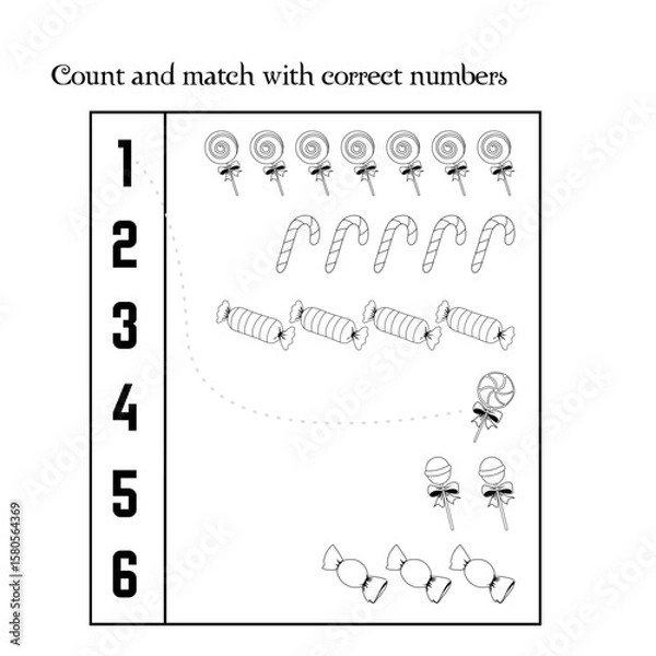 Fototapeta Black and white children's game layout for printing. Child development and games with children. Counting and matching. Candies, lollipops, toys. EPS 10