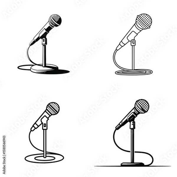 Fototapeta Four Black and White Illustrations of Microphones on Stands Simple Line Art Designs of Audio Equipment for Recording or Broadcasting