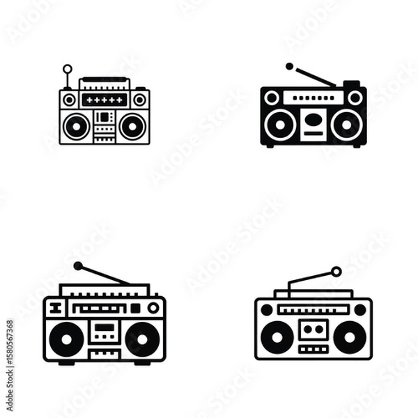 Fototapeta Four Black and White Retro Boombox Cassette Tape Player Icons Set Vintage Style 80s 90s Music Graphic Design Elements