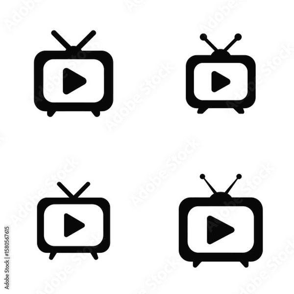 Fototapeta Four Black Retro Television Icons with Play Button Centered on White Background Simple Flat Design Television Set Symbols Media Player Streaming Video Broadcast Concept
