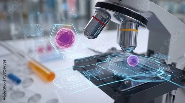 Fototapeta close up of microscope view with colorful biological cells, futuristic UI overlays and sterile lab tools nearby