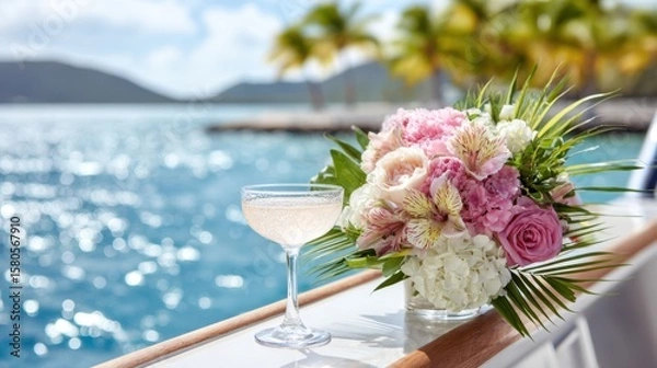 Fototapeta close up of tropical flower bouquet and cocktail glass on the side of a white yacht, ocean view with palm island in background, sunlight reflections
