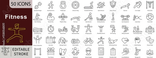 Fototapeta Fitness Line Icons Set with Editable Stroke for Gym, Workout, Exercise, and Health Training Activities