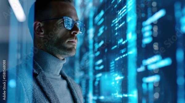 Fototapeta cyber detective investigating a digital crime scene on transparent screen walls, code fragments floating in air, low light tech environment