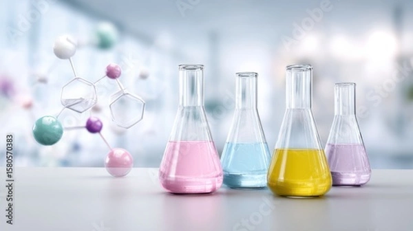 Fototapeta scientific lab glassware with colored liquids on white table, soft ambient light, floating molecular structures in background, clean composition, no people