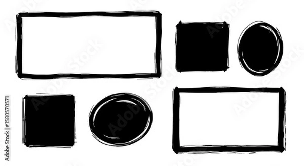 Fototapeta Brush stroke frame line shape sketch texture set. Hand drawn scribble marker paint square, rectangle, circle shape. Abstract round doodle geometric chalk effect. Vector illustration