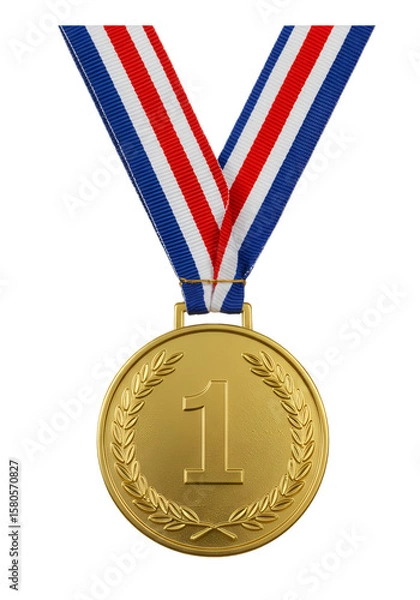Fototapeta Realistic 3d Gold Medal with Striped Ribbon for First Place Transparent
