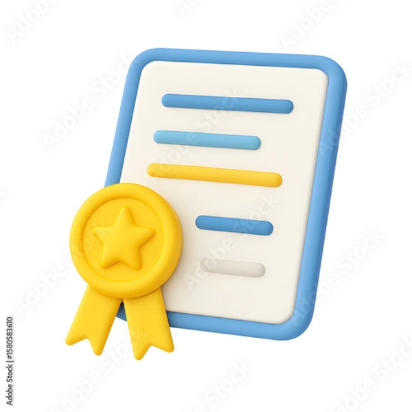 Obraz 3D award certificate icon with yellow star medal and colorful horizontal lines isolated on transparent background