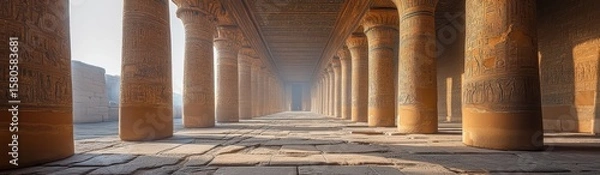 Fototapeta Ancient Egyptian Temple Interior with Massive Columns and Hieroglyphs