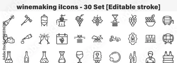 Fototapeta winemaking icons 30 Set. Line Art Icon Collection. Editable Stroke. Vector Illustration