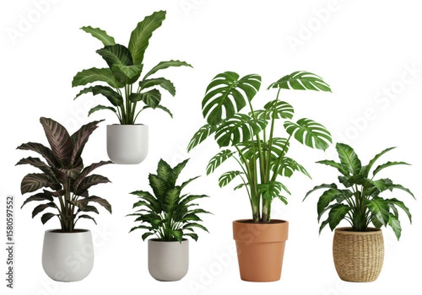 Fototapeta Five diverse houseplants: striped Calathea, fenestrated Monstera, others with lush foliage, in distinct white ceramic, terracotta, woven planters. Isolated on transparent studio background with