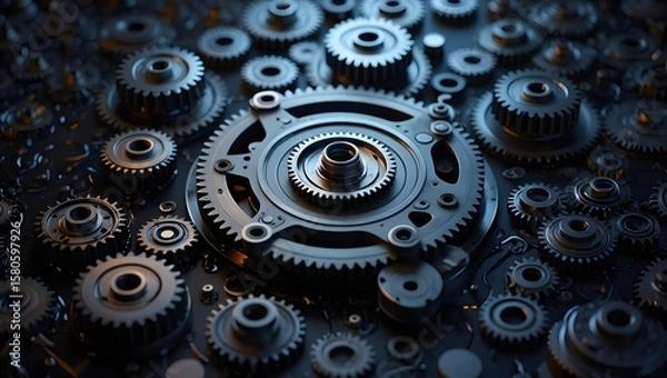 Fototapeta Mechanical gears and cogs industrial engineering design concept technology background